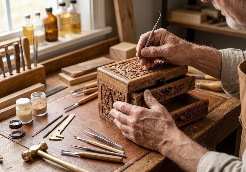 May include: A small wooden chest with two drawers featuring intricate carvings on the exterior. The chest is surrounded by various metal carving tools, a small brass hammer, a magnifying glass, and glass jars on a wooden workbench.