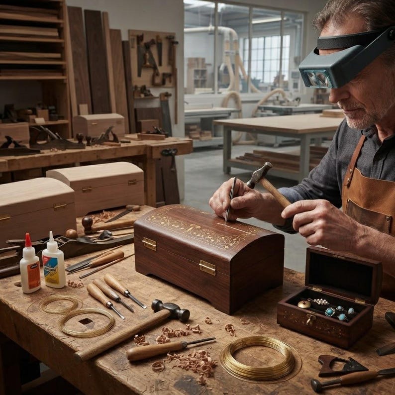 May include: A dark wood jewelry box with gold inlay on the lid sits on a workbench alongside various woodworking tools, including chisels, a hammer, spools of gold wire, and glue bottles, with an open box containing turquoise rings.
