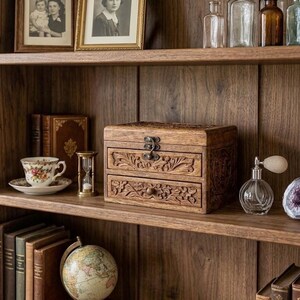 May include: A wooden bookshelf featuring a carved wooden chest with two drawers and a metal latch. The shelves hold vintage books, framed photographs, glass bottles, a floral teacup, an hourglass, a globe, a perfume atomizer, and a geode.