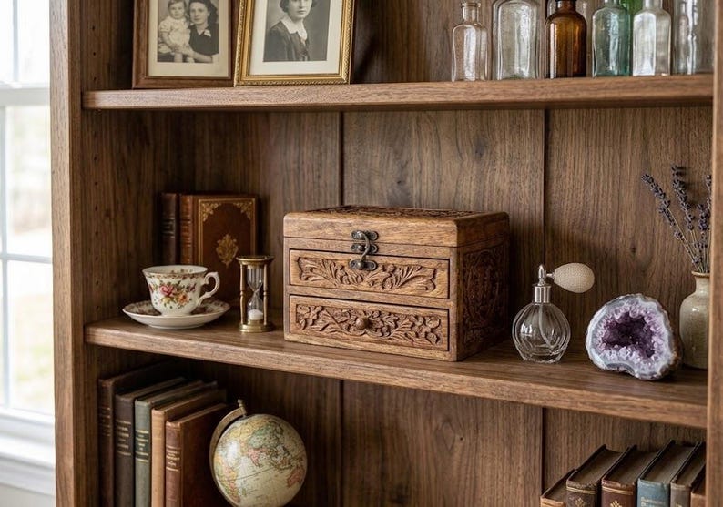 May include: A wooden bookshelf featuring a carved wooden chest with two drawers and a metal latch. The shelves hold vintage books, framed photographs, glass bottles, a floral teacup, an hourglass, a globe, a perfume atomizer, and a geode.
