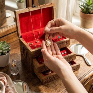May include: A wooden jewelry box with carved exterior details and a vibrant red velvet interior lining. The box features a hinged lid, multiple drawers, and contains various pieces of jewelry, including a gold necklace with a pearl pendant.