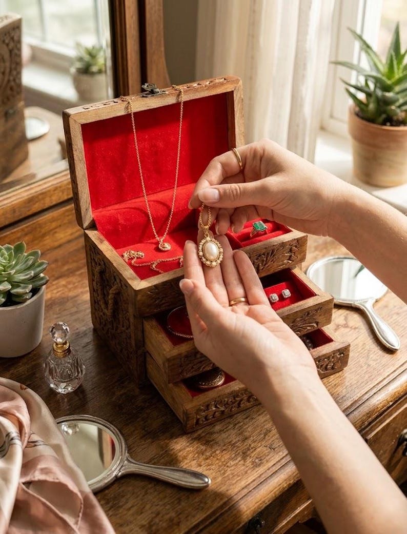 May include: A wooden jewelry box with carved exterior details and a vibrant red velvet interior lining. The box features a hinged lid, multiple drawers, and contains various pieces of jewelry, including a gold necklace with a pearl pendant.