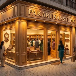 May include: A storefront with a light wood facade and the sign PAKARTISANSTUDIO in gold lettering. The shop features large glass windows displaying wooden chests and interior shelves. People walk along the stone-paved street outside.
