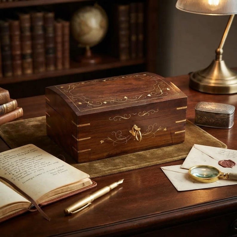May include: A rectangular dark wood box featuring intricate gold-colored floral inlay patterns on the lid and front panel. The box includes a central gold-colored metal ring pull handle and light wood corner accents on the sides.