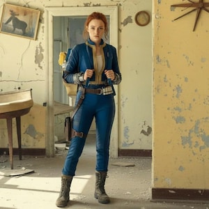 Könnte beinhalten: Eine Frau in einem blauen Overall mit passender Jacke, braunem Gürtel und Stiefeln. Die Jacke hat goldfarbene Verzierungen und einen Reißverschluss. Eine braune Halterung ist am Bein befestigt. Der Hintergrund ist ein Raum mit abblätternder gelber Farbe.