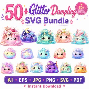 Kawaii Glitter Dumpling Clipart Bundle, Rainbow Sparkly Food PNG (Digital Download)