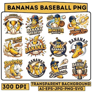 Op de afbeelding: Een verzameling van twaalf baseball-thema illustraties met bananen in diverse sportieve houdingen, voorzien van helmen en zonnebrillen, met knuppels en ballen, inclusief de tekst BANANAS BASEBALL PNG, BANANA CHAMPIONSHIP, BANANA REBEL, BANANA MONSTER MASCOT, BANANA HOME RUN, BANANA SLIDE ACTION, BANANAS, BANANA BASEBALL, BANANA BASEBALL TEAM en BANANA BASEBALL KING.
