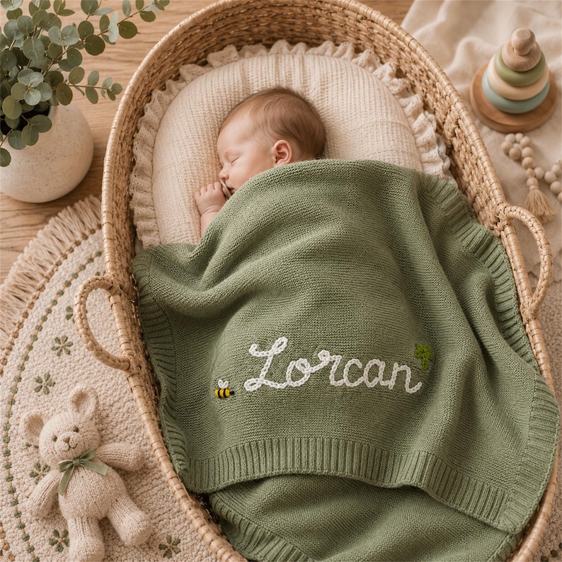 Op de afbeelding: Een slapende baby in een rieten wieg, bedekt met een groene gebreide deken. De deken heeft de naam "Lorcan" in het wit geborduurd, met een bij en een klavertje. Een knuffelkonijn en een houten speelgoed zijn ook zichtbaar.