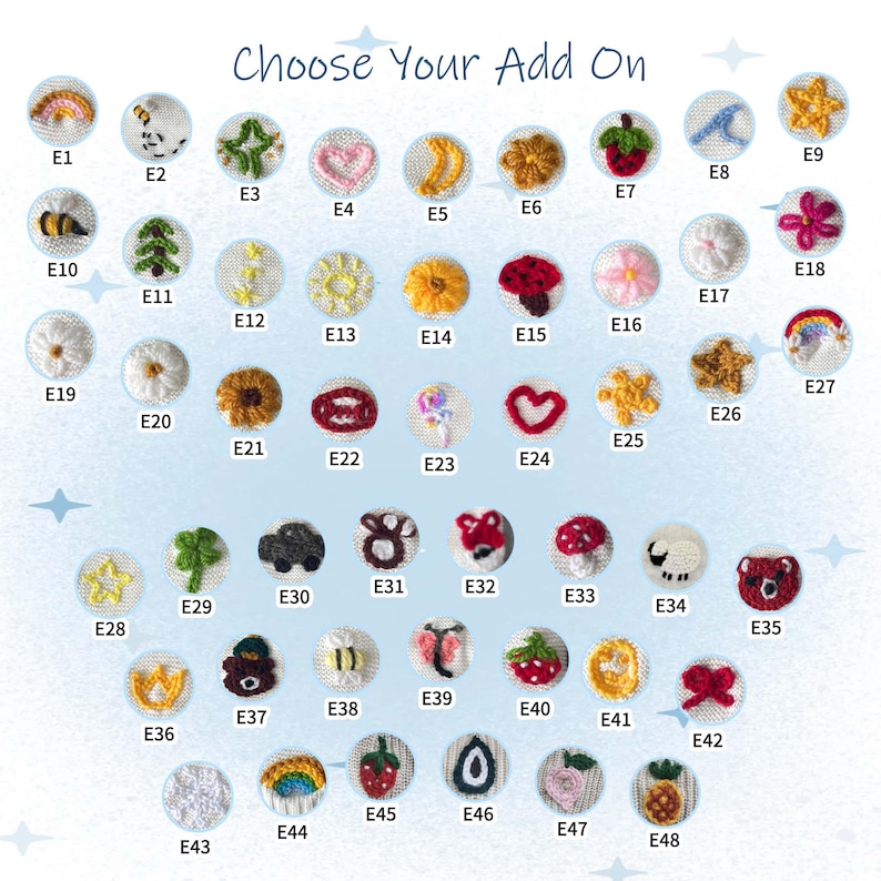 Op de afbeelding: Een verzameling geborduurde add-ons, elk met een uniek ontwerp, waaronder een regenboog, een bij, een hart en een bloem. De tekst "Choose Your Add On" is zichtbaar. Deze kleine, gedetailleerde versieringen zijn perfect voor het personaliseren van knutselwerk.
