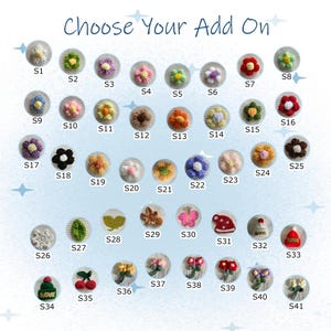 Op de afbeelding: Een verzameling van 41 geborduurde add-ons, waaronder bloemen, bladeren en andere decoratieve elementen. De add-ons zijn in verschillende kleuren en ontwerpen, met de tekst "Choose Your Add On" bovenaan.