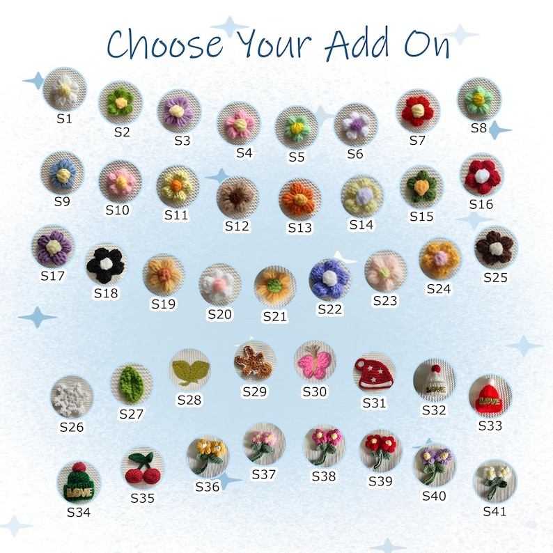 Op de afbeelding: Een verzameling van 41 geborduurde add-ons, waaronder bloemen, bladeren en andere decoratieve elementen. De add-ons zijn in verschillende kleuren en ontwerpen, met de tekst "Choose Your Add On" bovenaan.