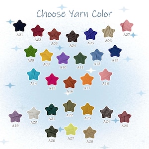 Op de afbeelding: Een kleurenkaart met de tekst "Choose Yarn Color" boven een raster van stervormige garenstalen. De garenkleuren omvatten marine, bordeauxrood, bruin, zwart, blauw, beige, roze, groen, geel, paars, blauwgroen, oranje en meer.