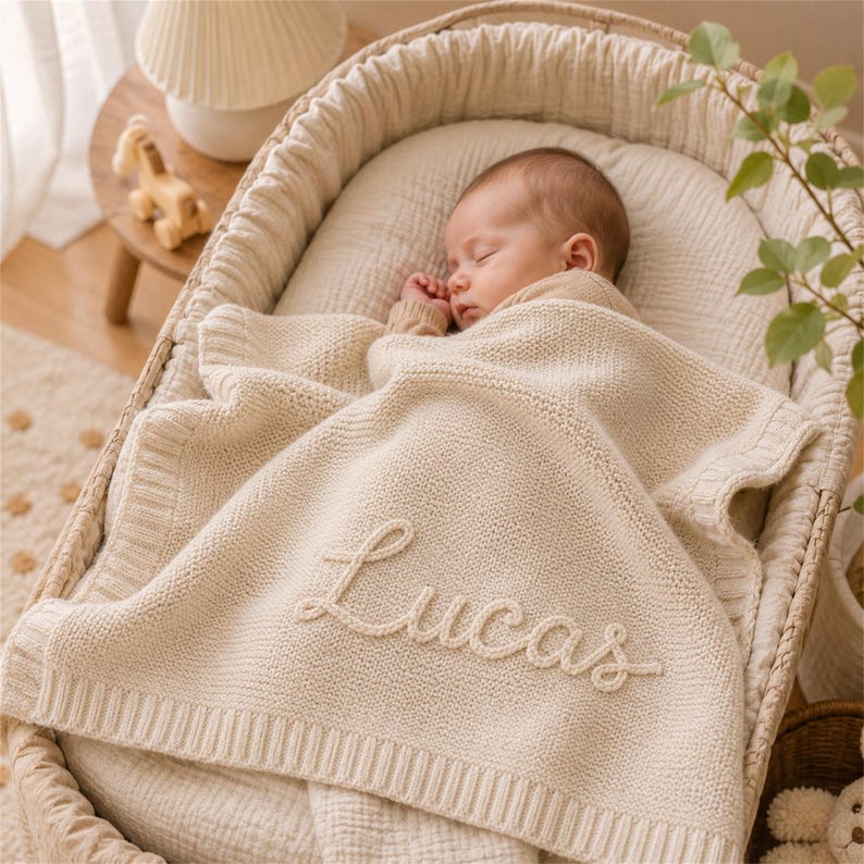 Op de afbeelding: Een slapende baby ligt in een geweven wieg, bedekt met een cr&egrave;mekleurige gebreide deken. De deken heeft de naam "Lucas" in een scriptlettertype. De wieg is gevoerd met een zachte, neutrale stof.