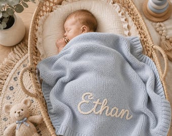 Personalized Knit Baby Blanket, Soft Cotton Custom Name Keepsake, Neutral Nursery Decor
