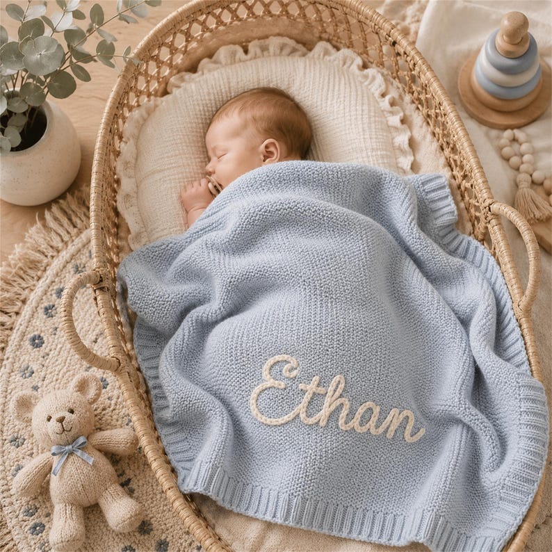 Op de afbeelding: Een slapende baby in een geweven wieg, bedekt met een lichtblauwe gebreide deken. De deken is geborduurd met de naam "Ethan" in cr&egrave;mekleurig schrift. Een kleine teddybeer met een blauwe strik staat in de buurt.