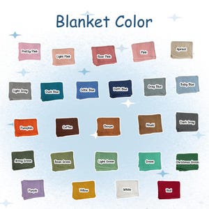 Op de afbeelding: Een kleurenkaart met verschillende kleuren voor dekens. De tekst "Dekenskleur" staat bovenaan. Kleuren zijn Pretty Pink, Light Pink, Rose Pink, Pink, Apricot, Light Gray, Duck Blue, Celtic Blue, Delft Blue, Gray Blue, Baby Blue, Pumpkin, Coffee, Brown, Khaki, Dark Gray, Army Green, Bean Green, Light Green, Green, Christmas Green, Purple, Yellow, White en Red.