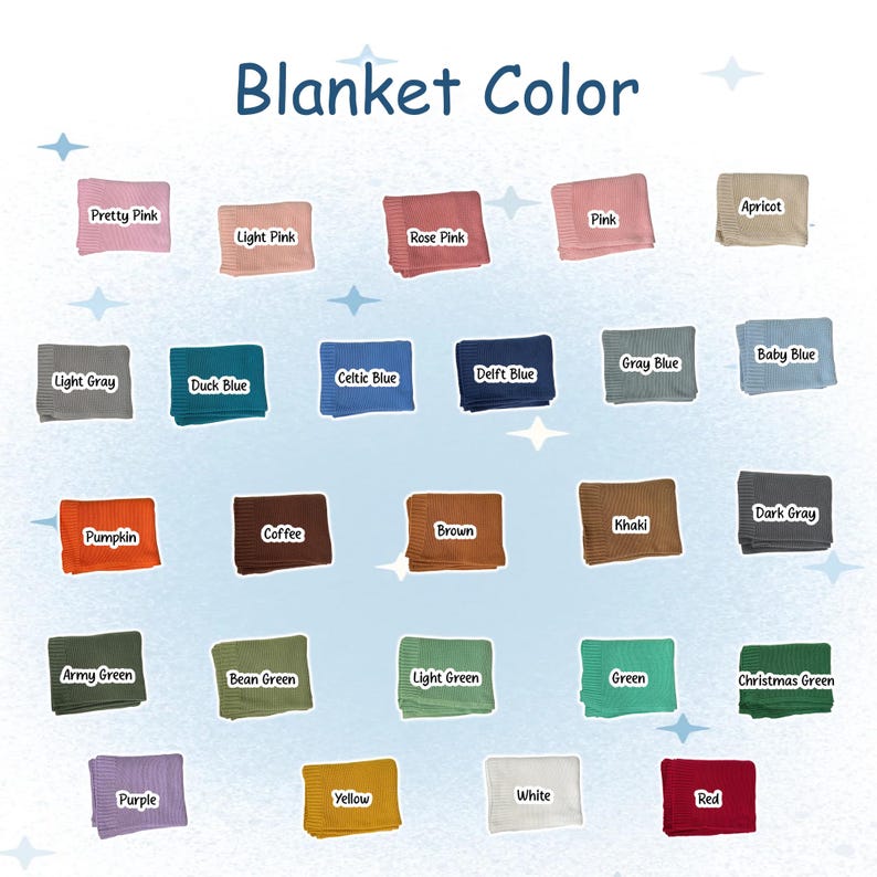 Op de afbeelding: Een kleurenkaart met verschillende kleuren voor dekens. De tekst "Dekenskleur" staat bovenaan. Kleuren zijn Pretty Pink, Light Pink, Rose Pink, Pink, Apricot, Light Gray, Duck Blue, Celtic Blue, Delft Blue, Gray Blue, Baby Blue, Pumpkin, Coffee, Brown, Khaki, Dark Gray, Army Green, Bean Green, Light Green, Green, Christmas Green, Purple, Yellow, White en Red.