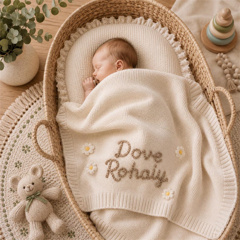 Op de afbeelding: Een slapende baby in een cr&egrave;mekleurige deken in een rieten mand. De deken is geborduurd met de naam "Dove Rohaly" en versierd met kleine madeliefjes. Een gebreide teddybeer en een decoratief tapijt zijn ook zichtbaar.