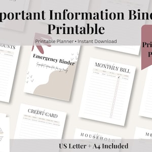 May include: An Important Information Binder Printable with various pages, including "Emergency Binder" and "Monthly Bill." The image shows a collection of printable pages with the text "42 Printable Pages" and "US Letter + A4 Included."