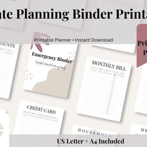 May include: An estate planning binder printable with various pages, including "Emergency Binder" and "Monthly Bill." The design includes a neutral color palette and the text "42 Printable Pages." The listing includes US Letter and A4 sizes.