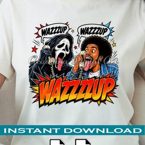 Wazzup Funny Horror Phone Call PNG, 90s Parody Shirt Design, Masked Slasher Comic Sublimation, Halloween Movie Night, Scary Movie prodigy