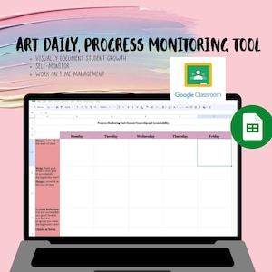 Puede incluir: Una computadora portátil que muestra una hoja de cálculo para el seguimiento del progreso de los estudiantes, con un diseño de planificador semanal. La imagen incluye el texto "ART DAILY, PROGRESS MONITORING TOOL." La pantalla también muestra el logotipo de Google Classroom.