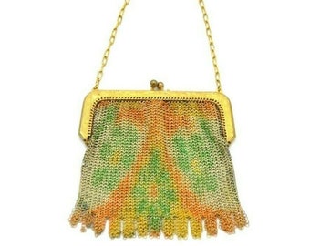 WHITING DAVIS Painted Metal Mesh Floral Coin Small Handbag Gold Tone Vintage