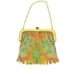 WHITING DAVIS Painted Metal Mesh Floral Coin Small Handbag Gold Tone Vintage