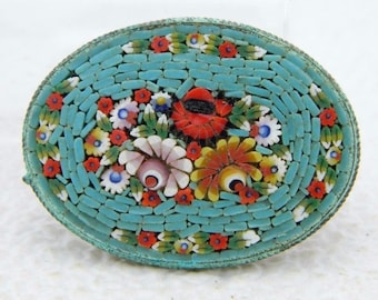 Antik Italien Gold Toned Blau Rot Micro Mosaik Blumen Glas Pin Brosche