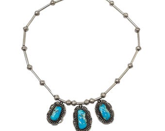 Collar vintage de plata de ley con colgantes de turquesa de Taxco, México