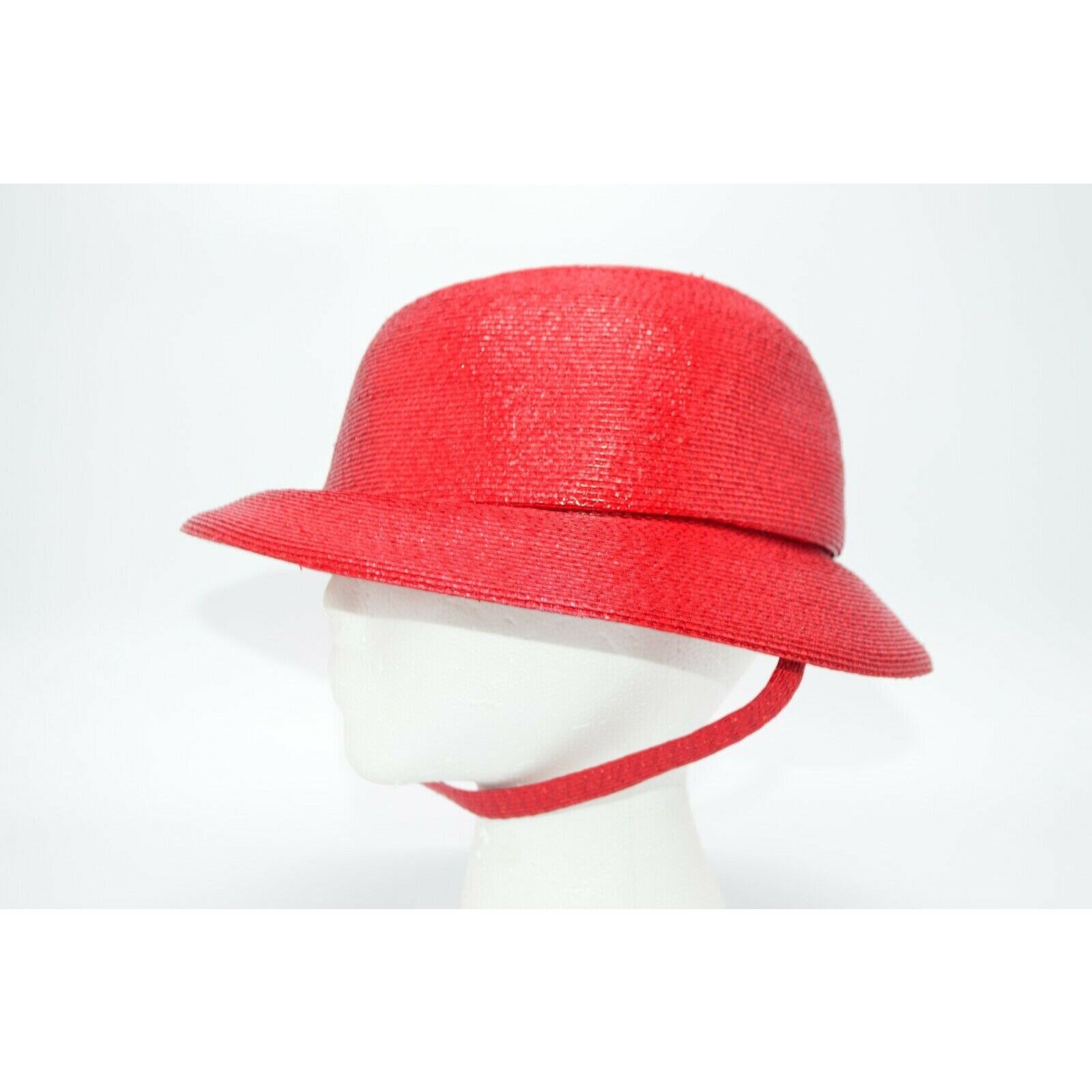 1980s Red Adolfo II Brimmed Straw Hat With Chin Strap Bonwit 