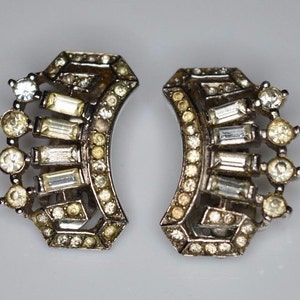 Vintage CROWN TRIFARI 1940s Art Deco Clear Rhinestone Clip Earrings ...