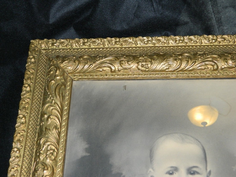 Antique Black White Baby Child Charcoal Drawing Picture Gold Gilded Gesso Frame