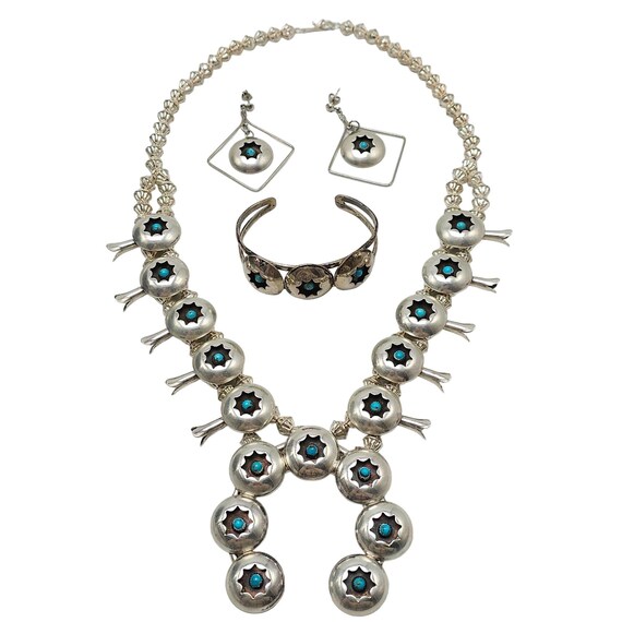 Southwestern Silver Snake Eyes Turquoise Squash Necklace Earrings