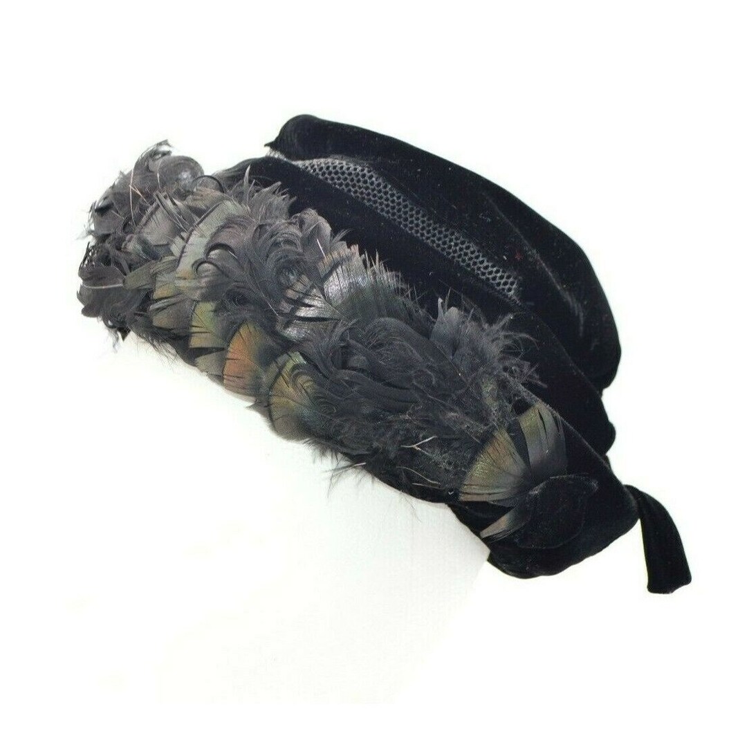 1950s Black Velvet Ostrich Feather Breton Hat Sear 1950s Black Velvet Ostrich Feather Breton Hat Sears  main image 2
