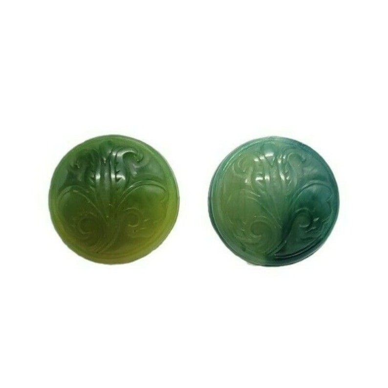 Green Faux Jade Lucite Molded Flower Gold Tone Mid Century Clip Earrings