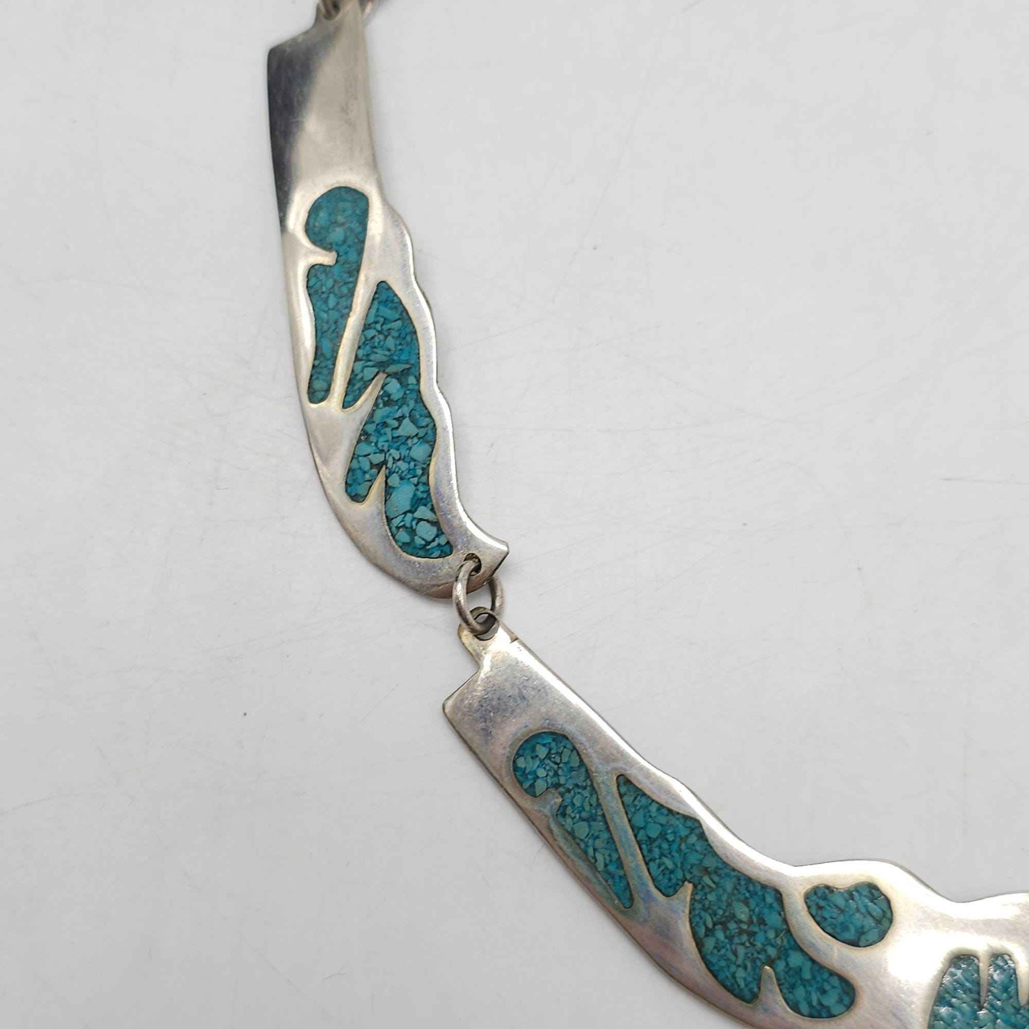 Vintage Alpaca Mexico Silver Blue Crushed Turquoise Inlay Necklace
