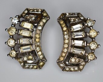Vintage CROWN TRIFARI 1940s Art Deco Clear Rhinestone Clip Earrings Alfred Philippe