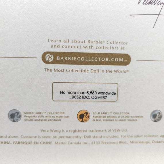 Vera Wang Bride Barbie Doll the Romanticist Gold Label Limited