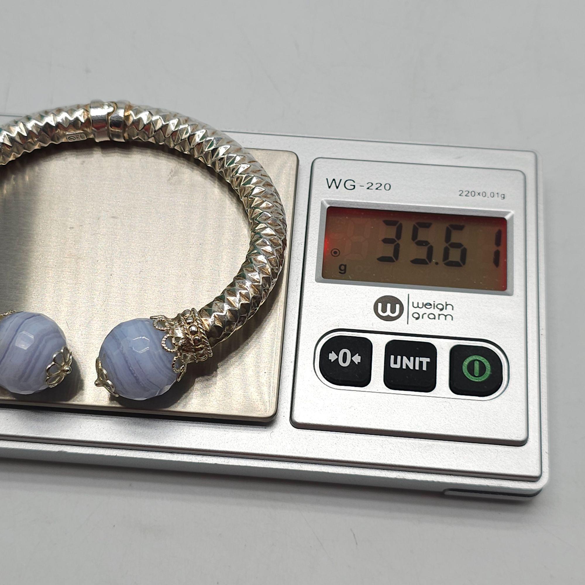 Sterling Silver Blue Lace Agate Cuff Bracelet 925 Vintage Waffle 