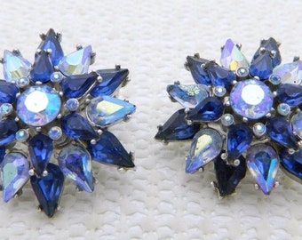 Vintage CROWN TRIFARI Silver Tone Blue AB Rhinestone Star Clip Earrings