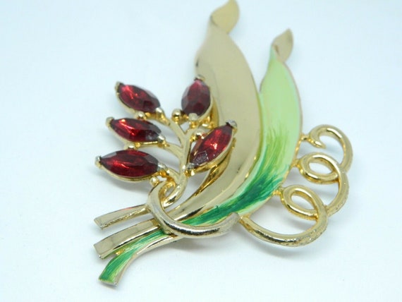 CORO Signed 1940s Green Enamel Red Rhinestone Lea… - image 3