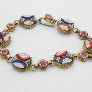 Vintage Italy Gold Toned Filigree Micro Mosaic Floral Glass Bracelet - 6.75&quot;