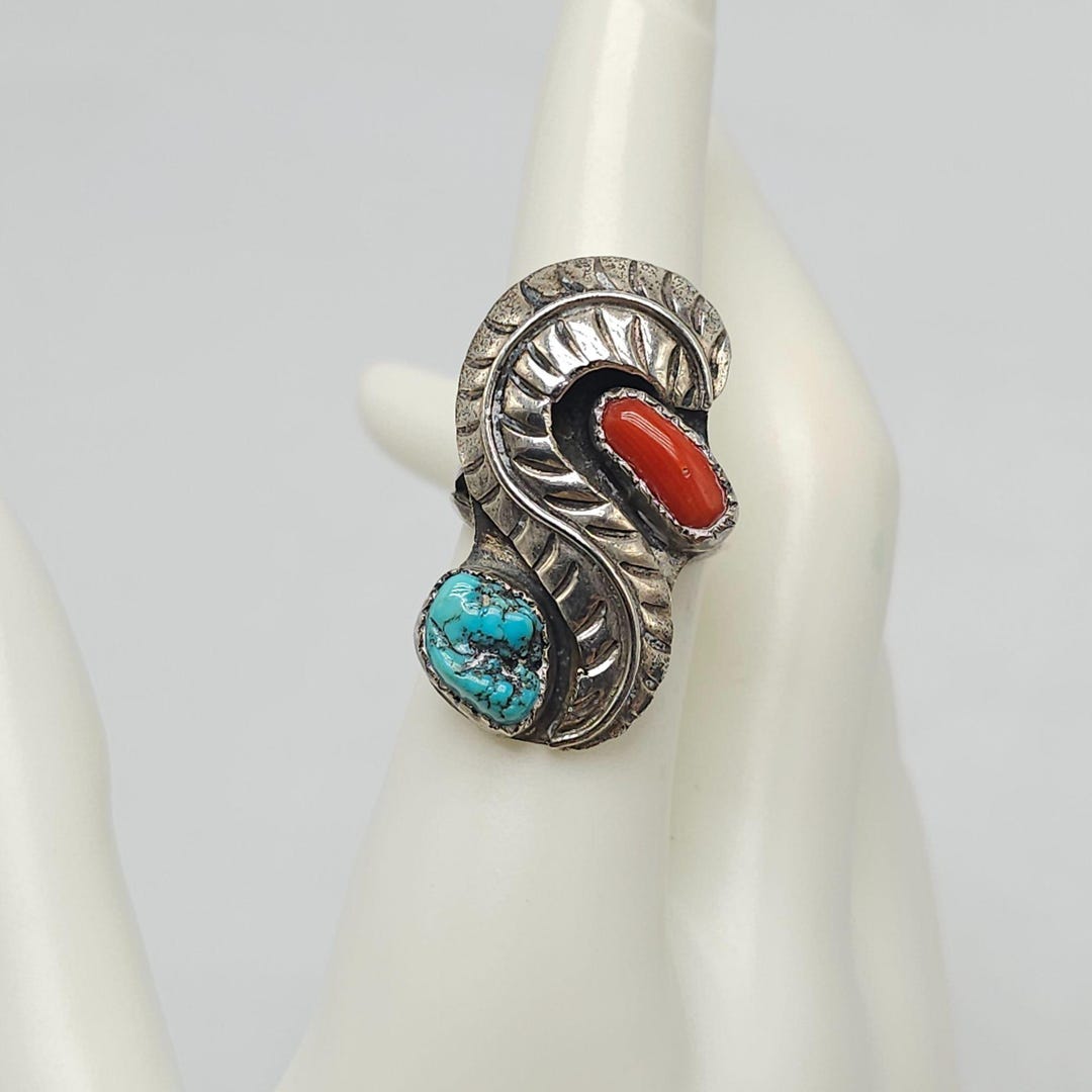 Vintage Navajo Sterling Silver Ring With Turquoise Coral Stone Inlay ...