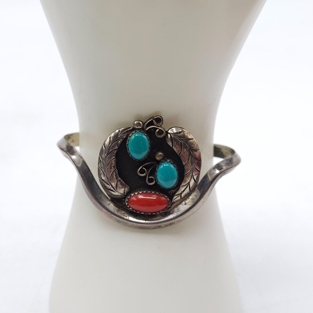 Vintage Unique Blue Turquoise Red Coral Sterling Silver Cuff Bracelet ...