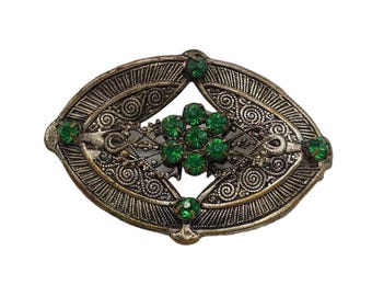 Vintage Czech 1920s Stamped Brass Green Glass Brooch With Art Deco Design