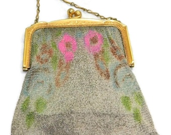 WHITING & DAVIS Gold Tone Fine Metal Mesh Colored Floral Clutch Handbag Purse