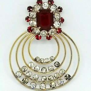 M S Phyllis 1/20 12K Gold Filled Art Deco Style Red Rhinestone Pendant Brooch