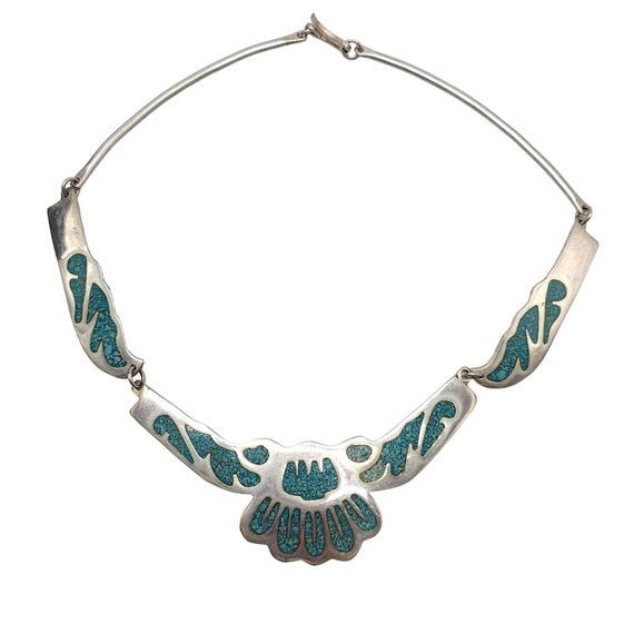 アクセサリー Vintage Mexican Silver Inlay Necklace925 Retro Taxco Mexico 925 Sterling Silver Natural Turquoise