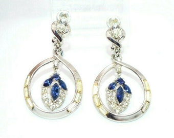 1953 CROWN TRIFARI Silver Tone Blue Rhinestone Dangle Clip Earrings Pat Pending